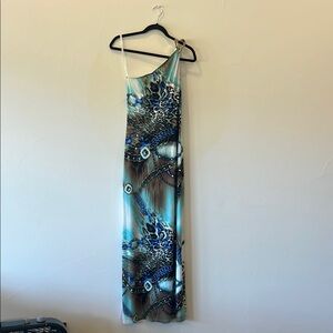 Joseph Ribkoff Blue and Brown One Shoulder Dress